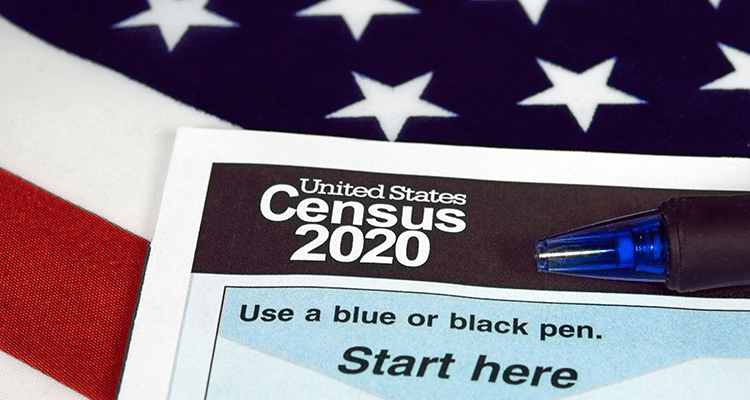 2020 census booklet with American flag background
